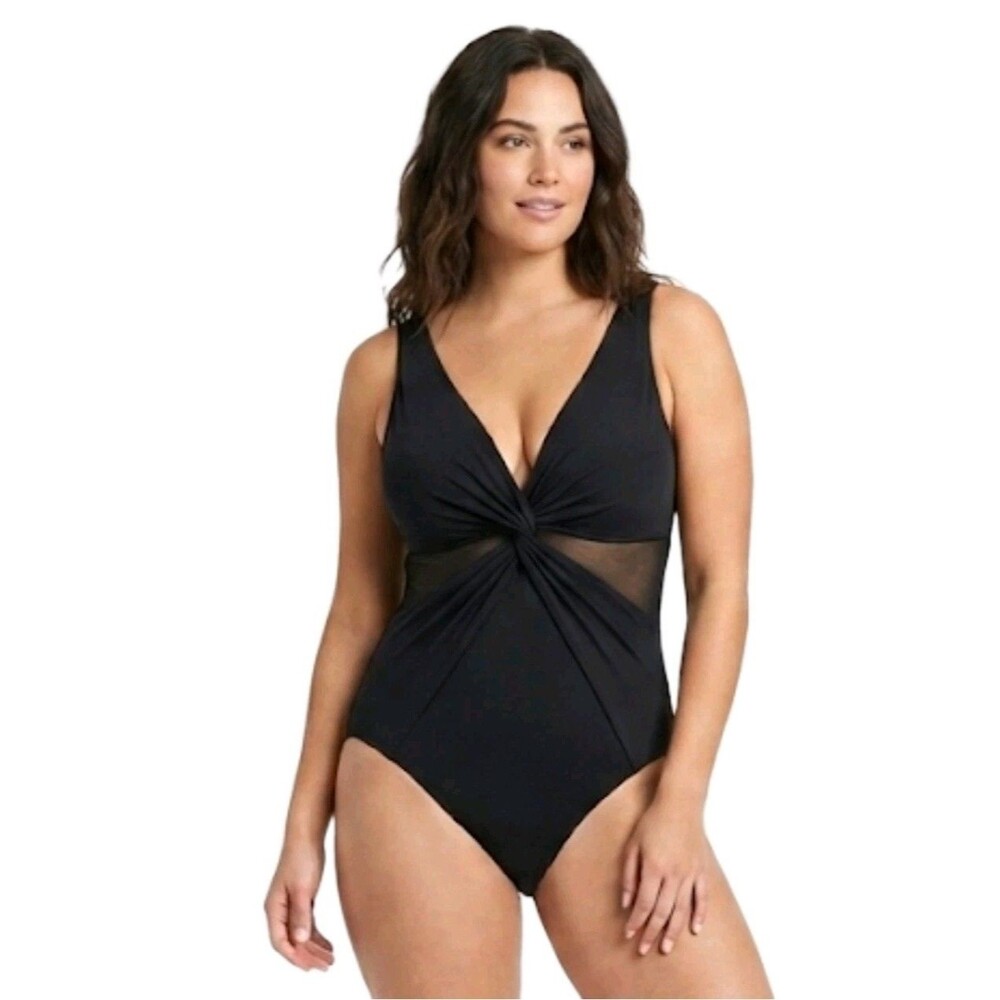 Miradonna Miraclesuit 1pc Slimming Swimsuit Black Mesh Panel Twist Womens L / 12